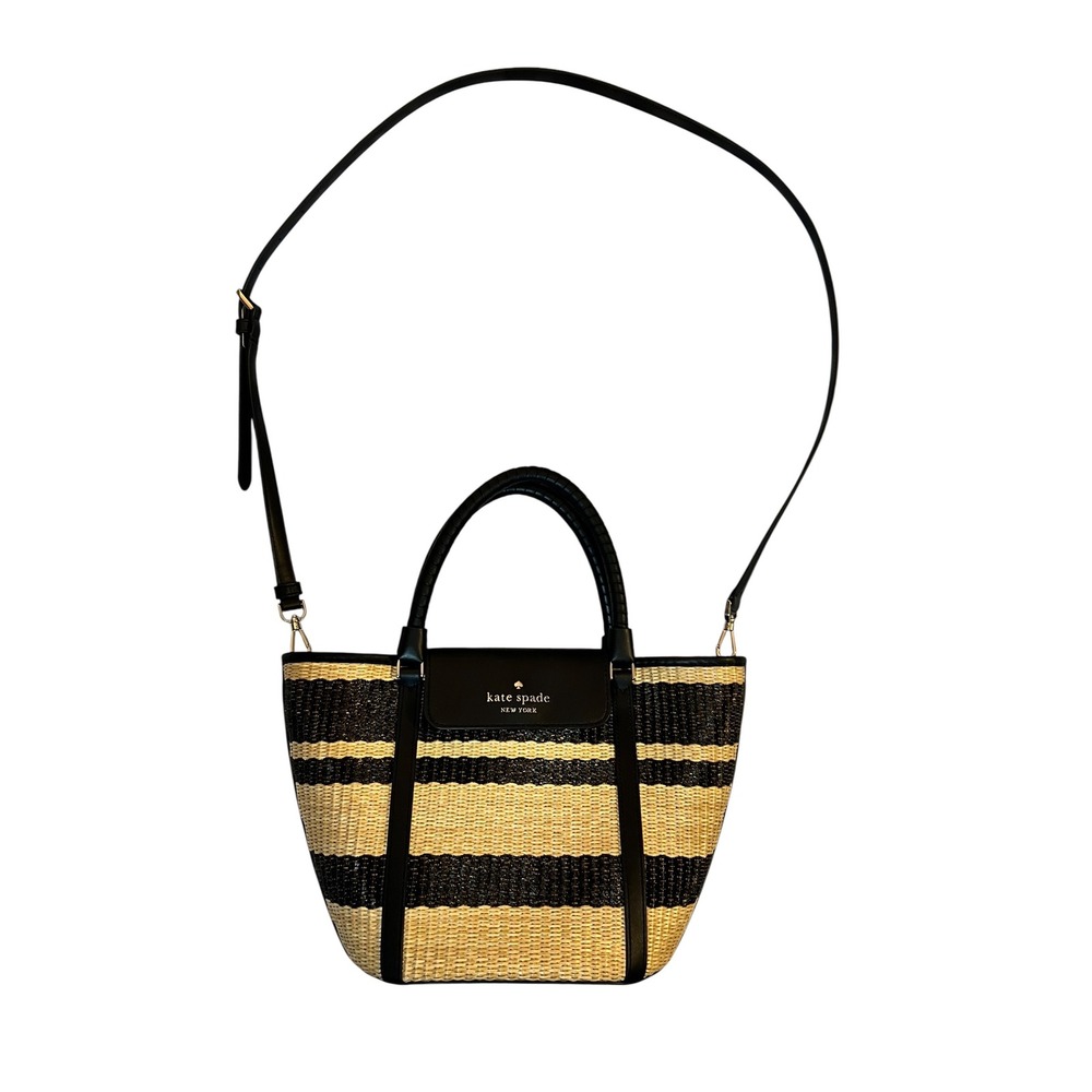 Kate Spade New York Striped Woven Straw Raffia Tote Shoulder Bag Black